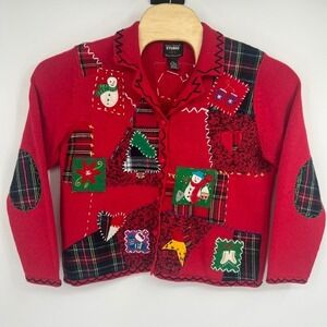 Studio Joy Women's Red‎ Patchwork Embroidery Christmas Sweater Size P/L